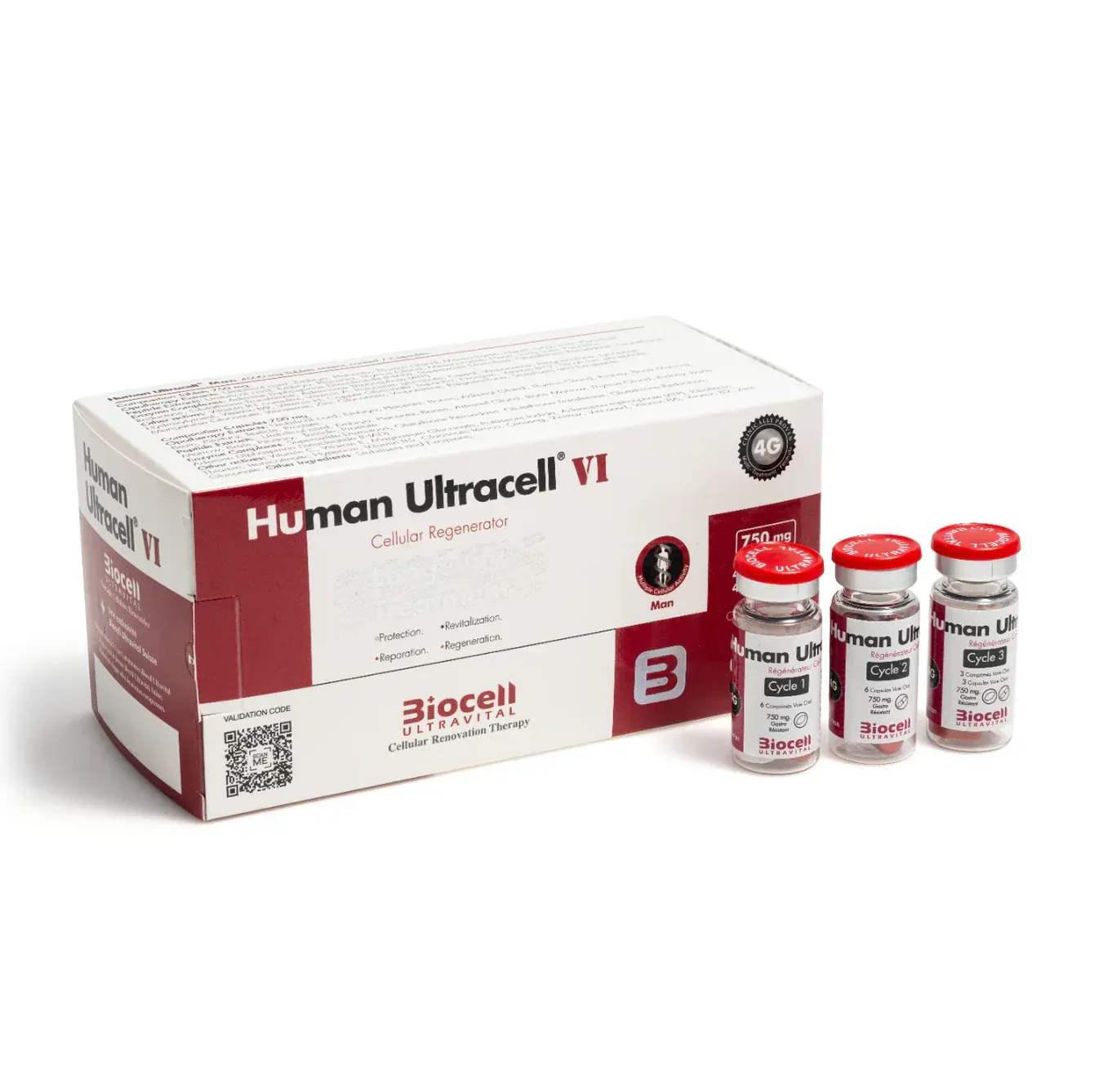 Human Ultrafell VI supplement packaging with bottles, box, and ingredient icons on a white and magenta background