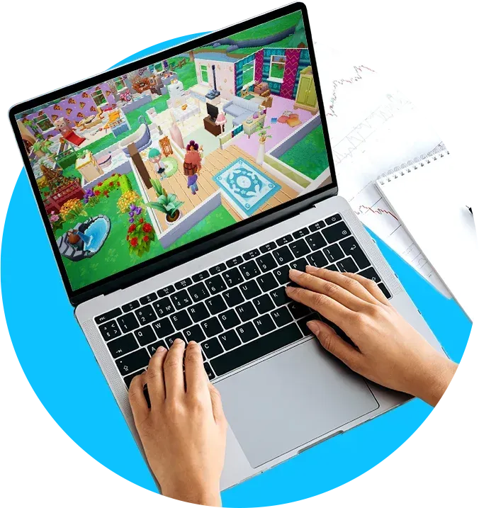 Woman's hands typing on a laptop on a blue circle background