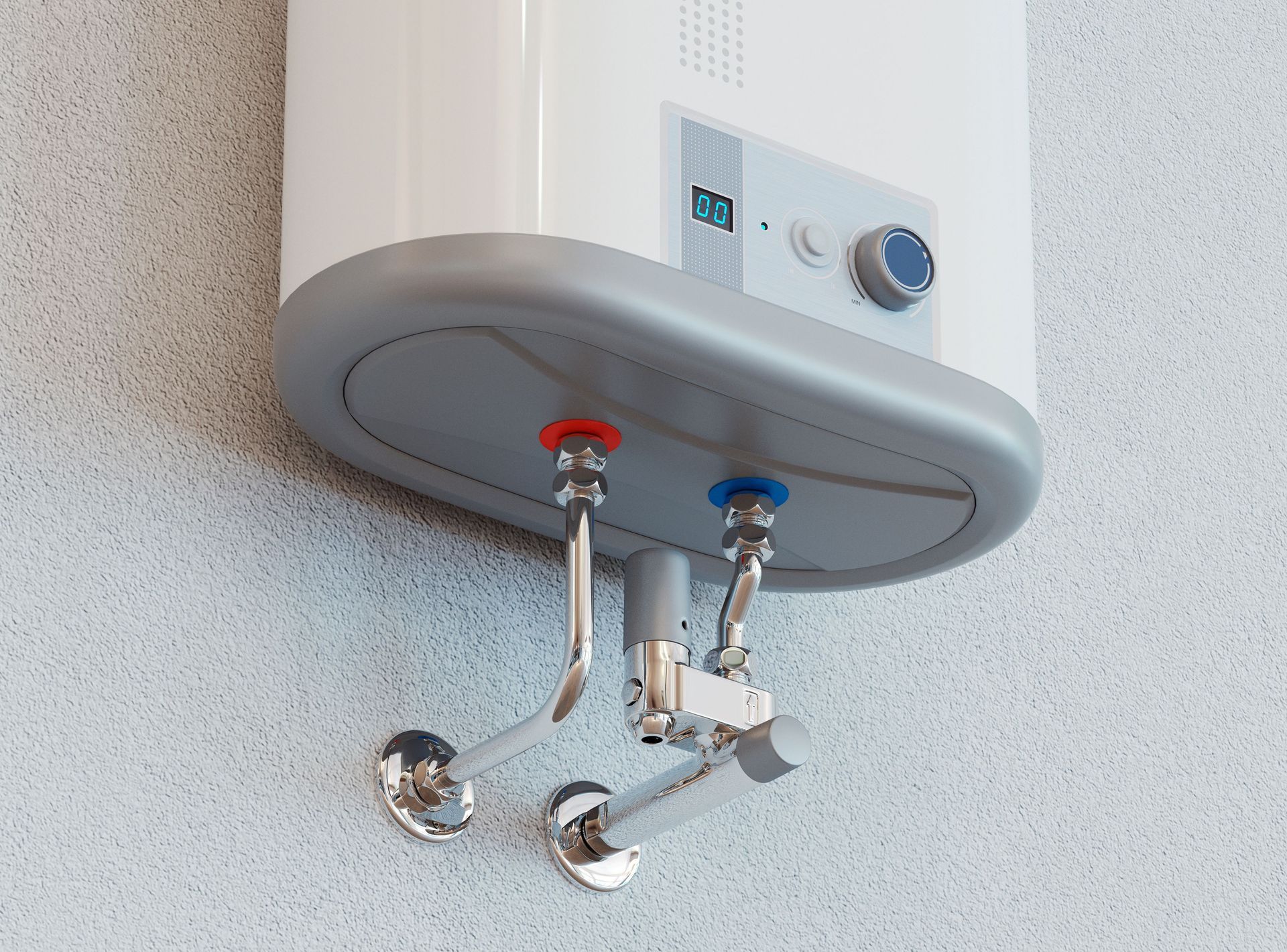 White water heater mounted on a textured wall, with red and blue water inlet pipes.