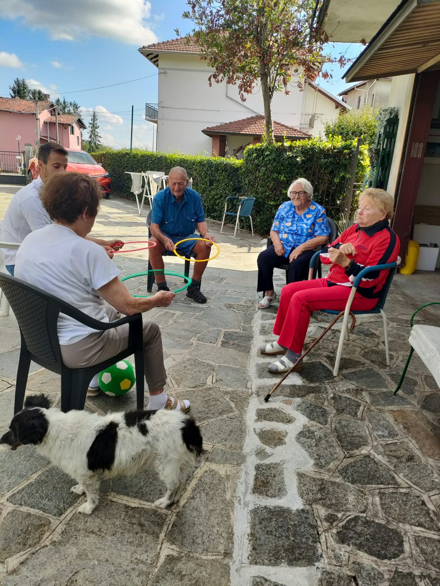 Gruppo di persone che giocano all'aperto. Cane presente. Cielo azzurro, verde ed edifici sullo sfondo.