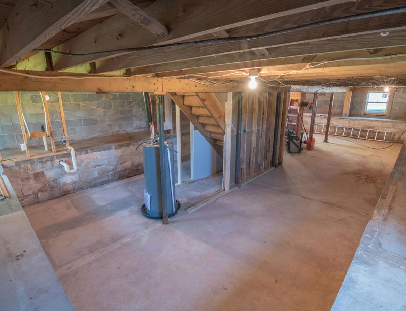 An empty basement with a water heater and stairs.