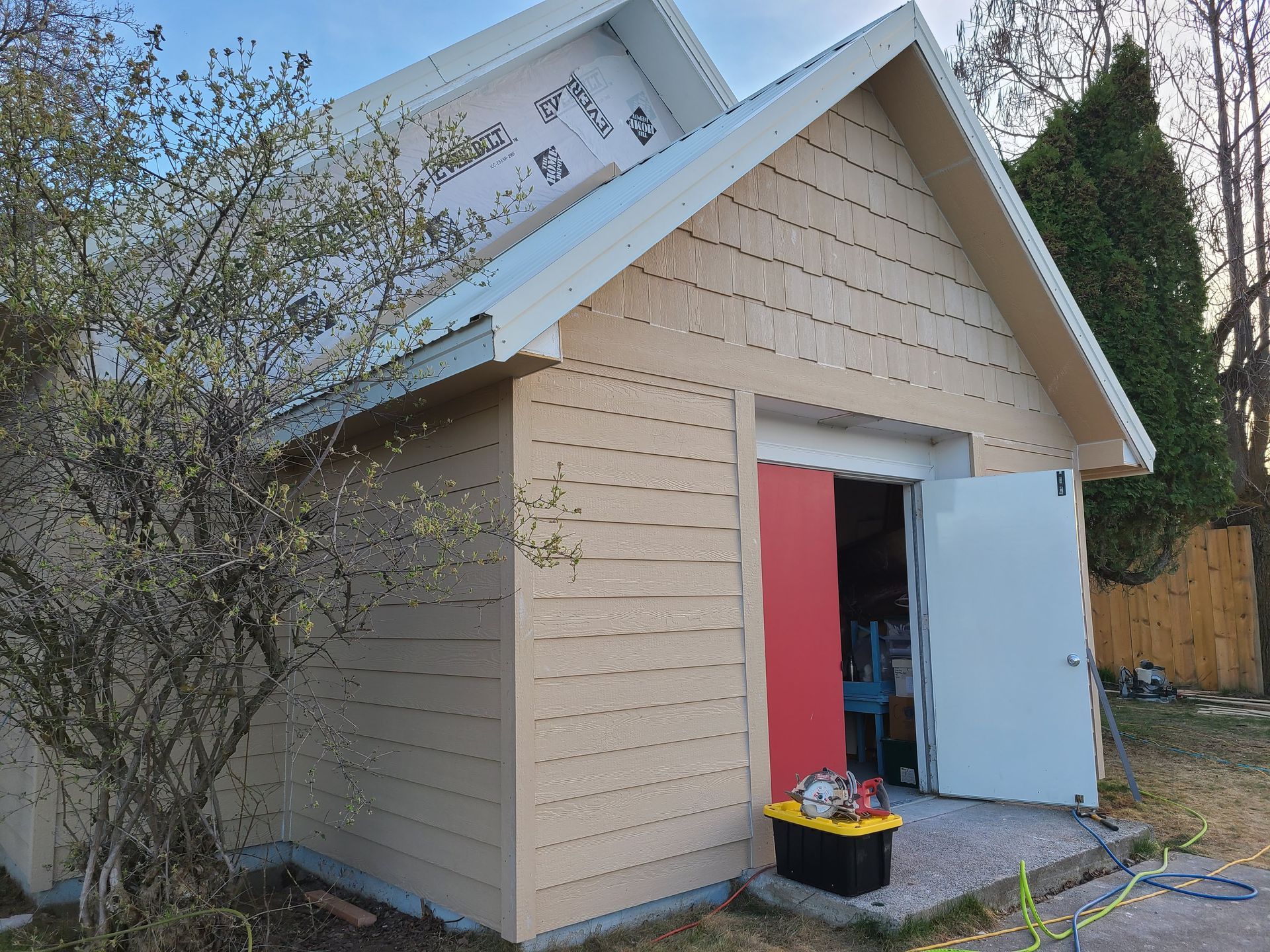 The outside of the church shows what it looks like with the brown siding added