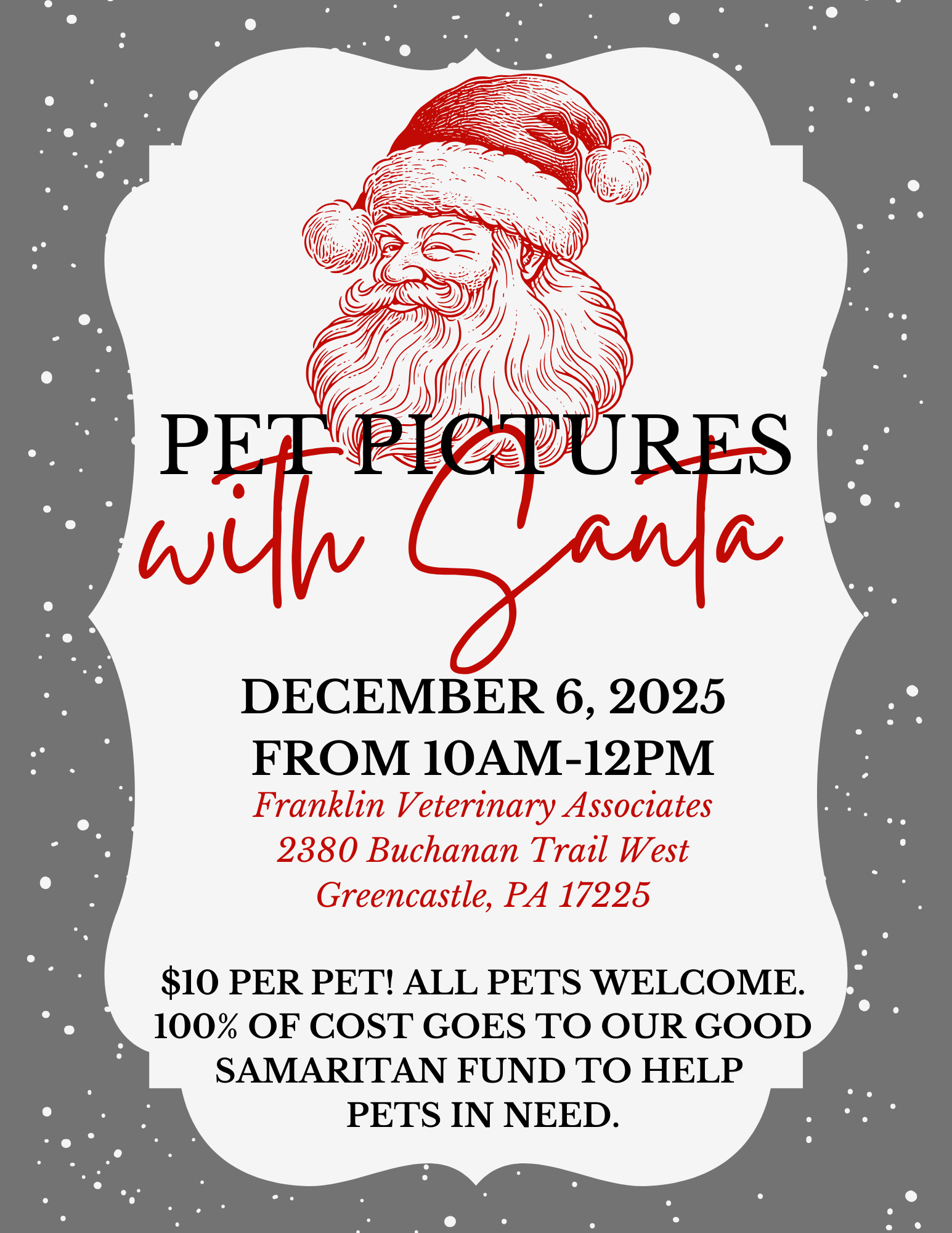 Pet pictures with Santa at Franklin Veterinary Associates, Dec. 6, 2025. All pets welcome, $10 donation to help pets.