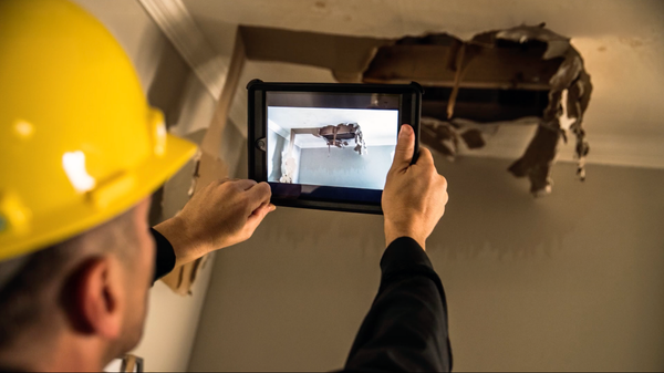 Water damage inspector in Chino Hills taking a photo of a leaking ceiling with an iPad during a property assessment.