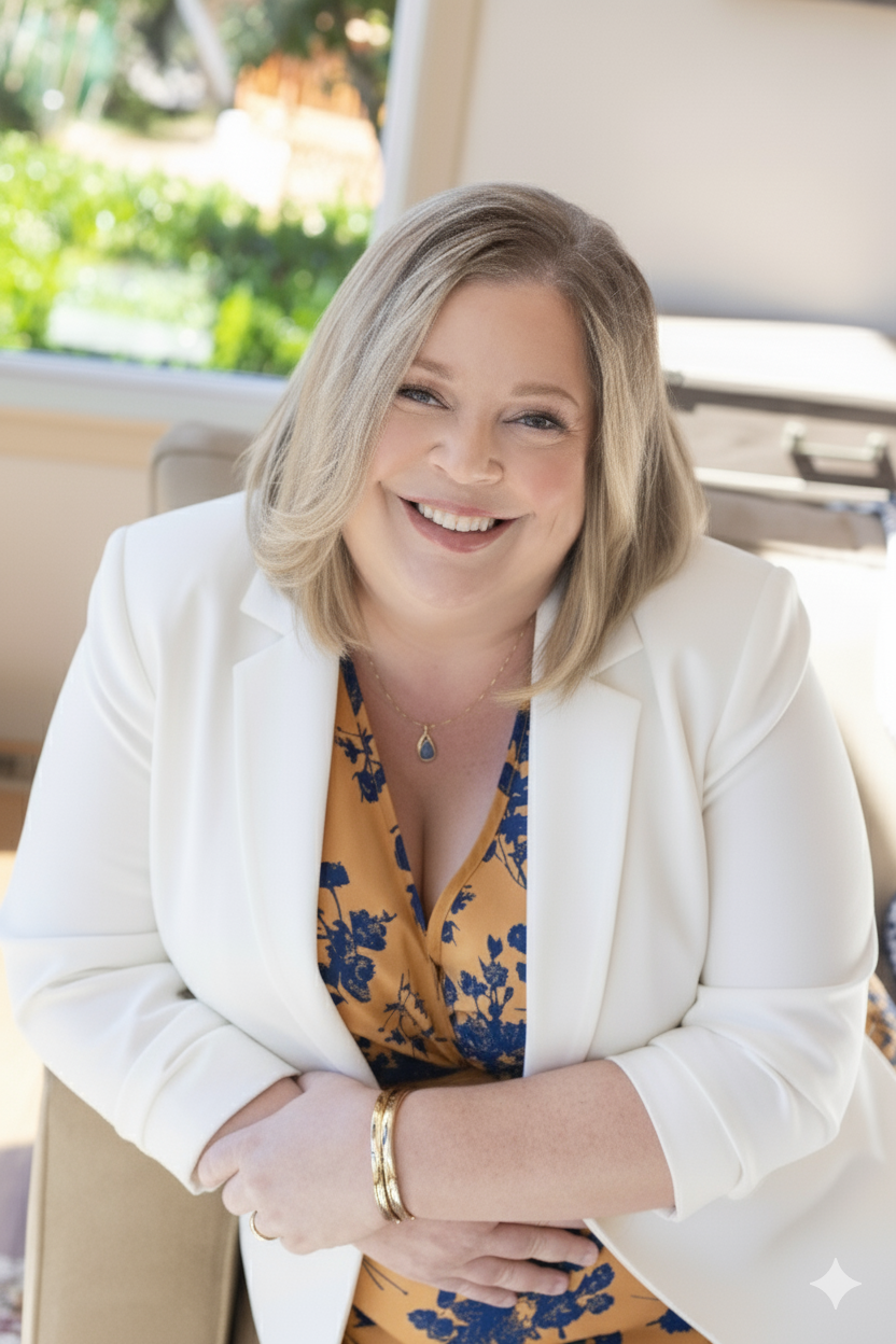 Headshot of Bellingham Managing Broker Andi Dyer, a blonde woman smiling warmly while wearing a white blazer and gold-and-blue floral dress, seated in a bright, welcoming Whatcom County home.
