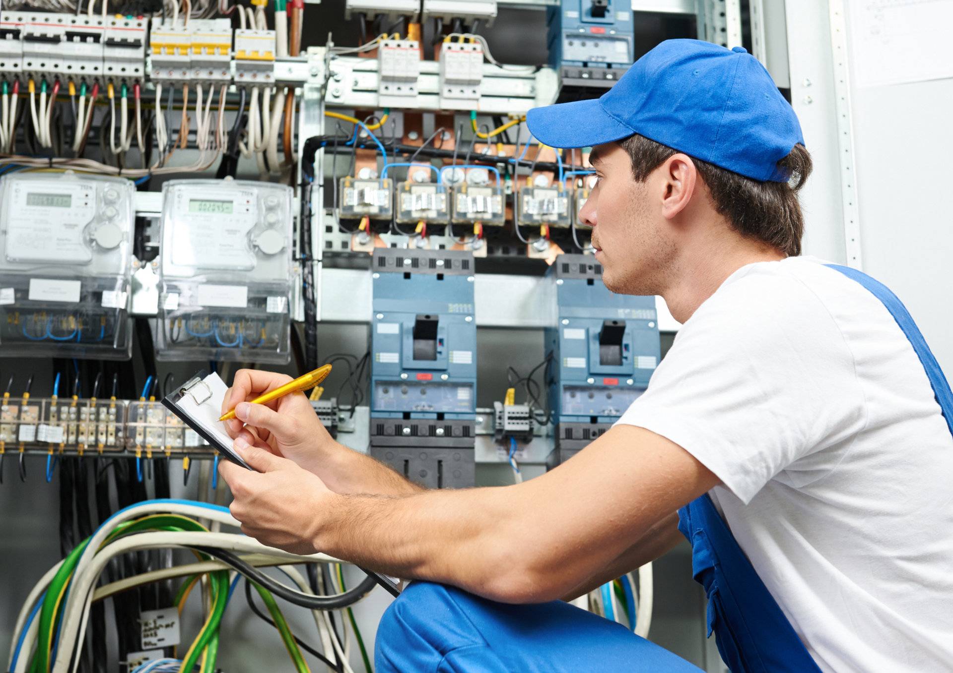 An electrician in a blue uniform writes on a clipboard while inspecting electrical components in a switchboard panel.