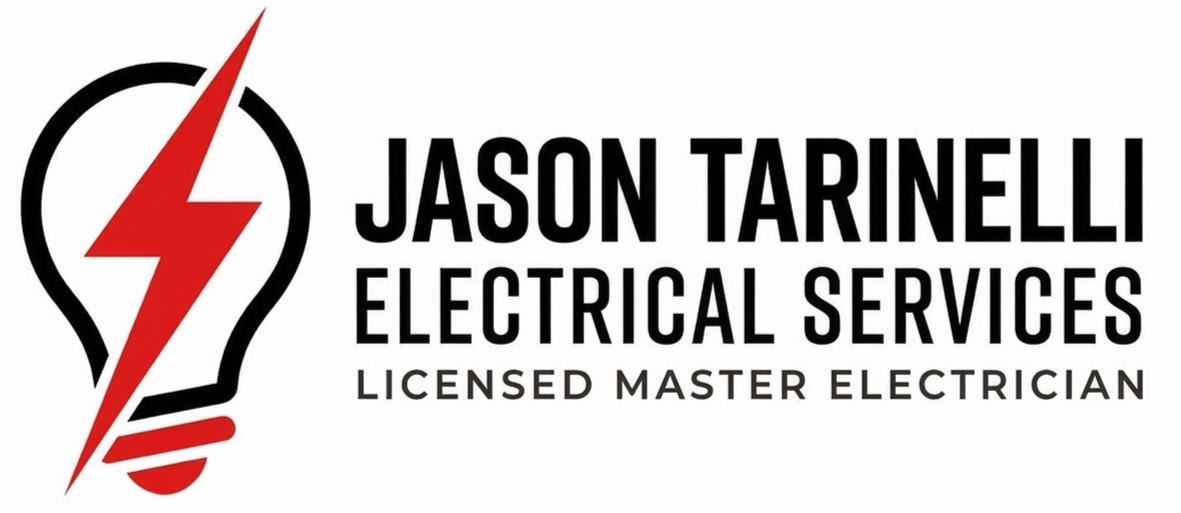 Logo for Jason Tarinelli Electrical Services featuring a lightbulb icon with a red lightning bolt inside.