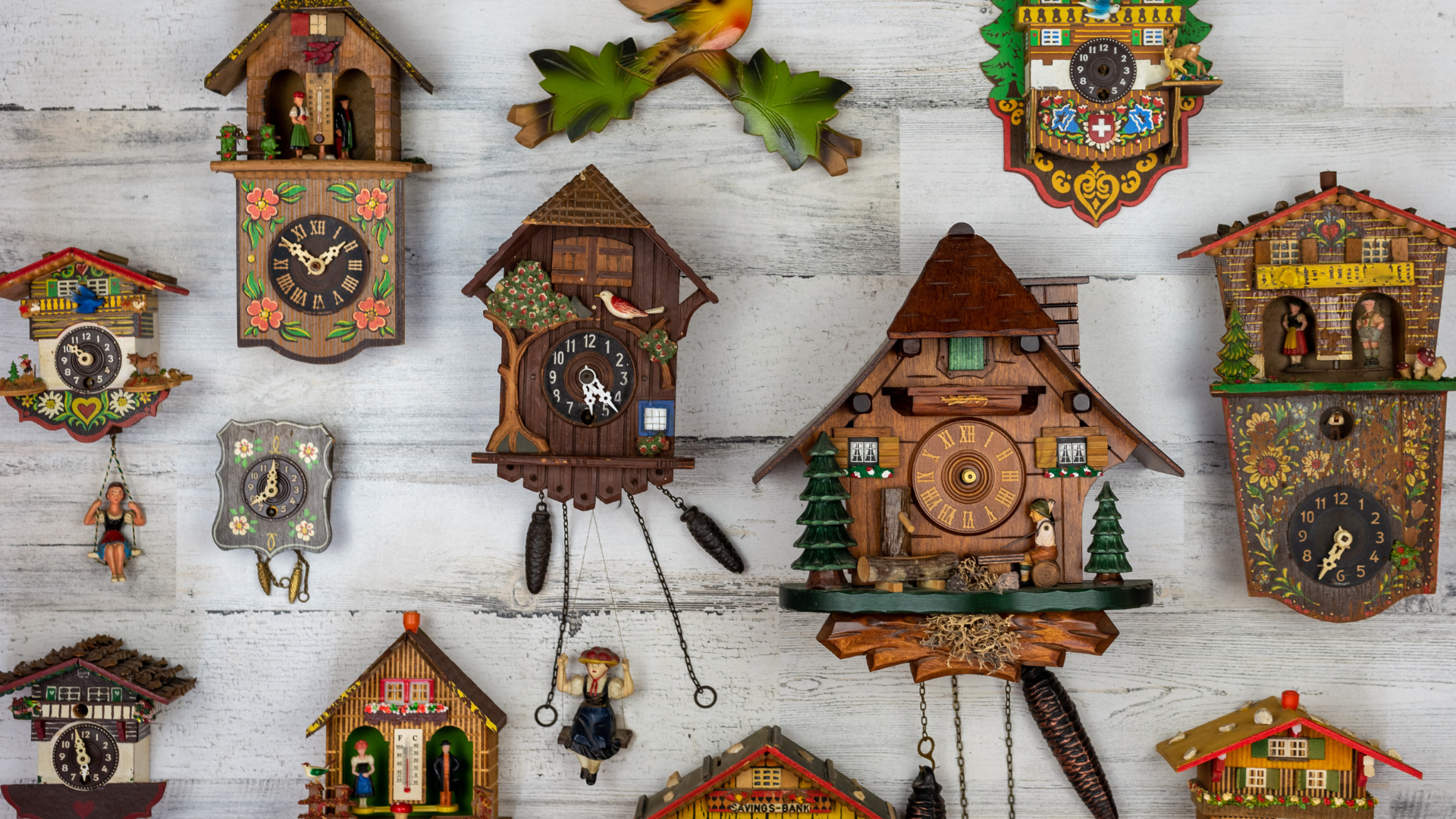 There are many different types of cuckoo clocks on the wall.