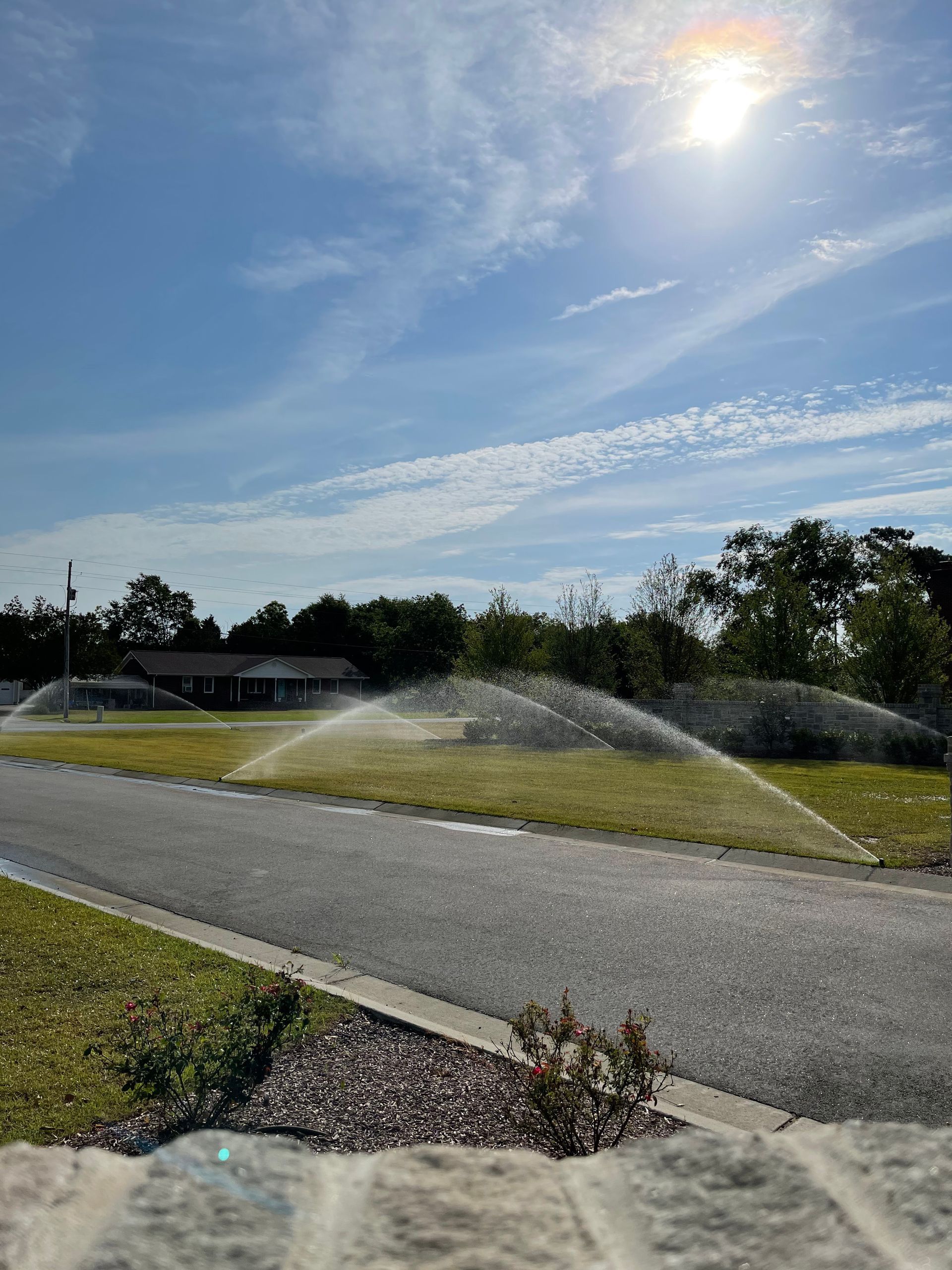 Sprinklers watering green lawn alongside a road under a sunny, blue sky.