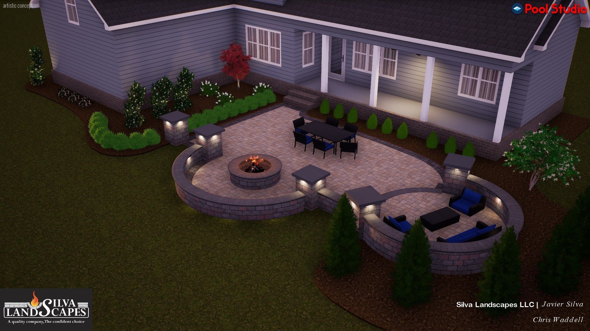 A heart-shaped patio with a fire pit, seating, and landscaping in front of a blue house.