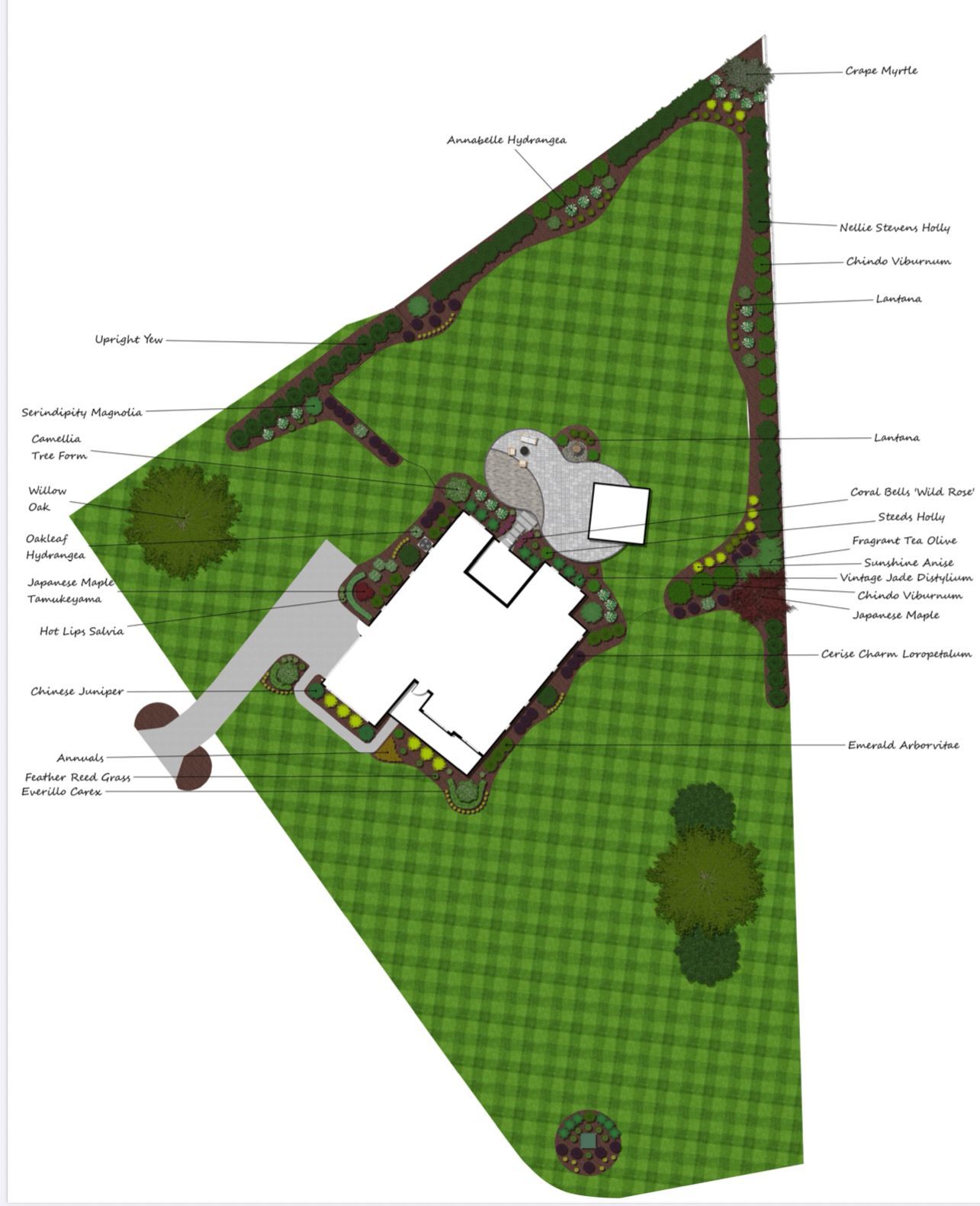Top-down landscape plan of a house, driveway, and garden beds with plants on green lawn.