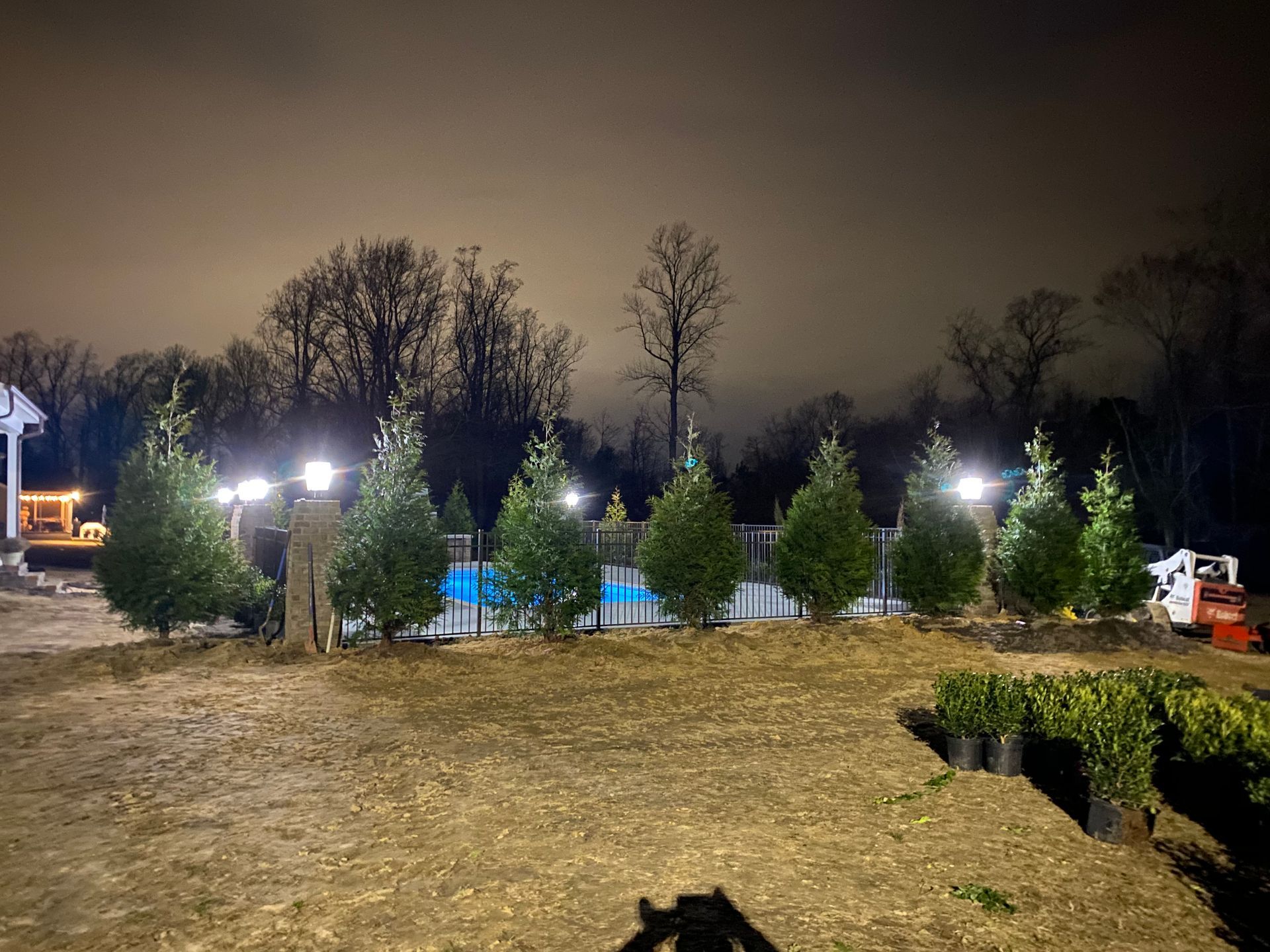 Nighttime view of a pool, lit by lamps and lined by evergreen trees. A cloudy sky forms the background.