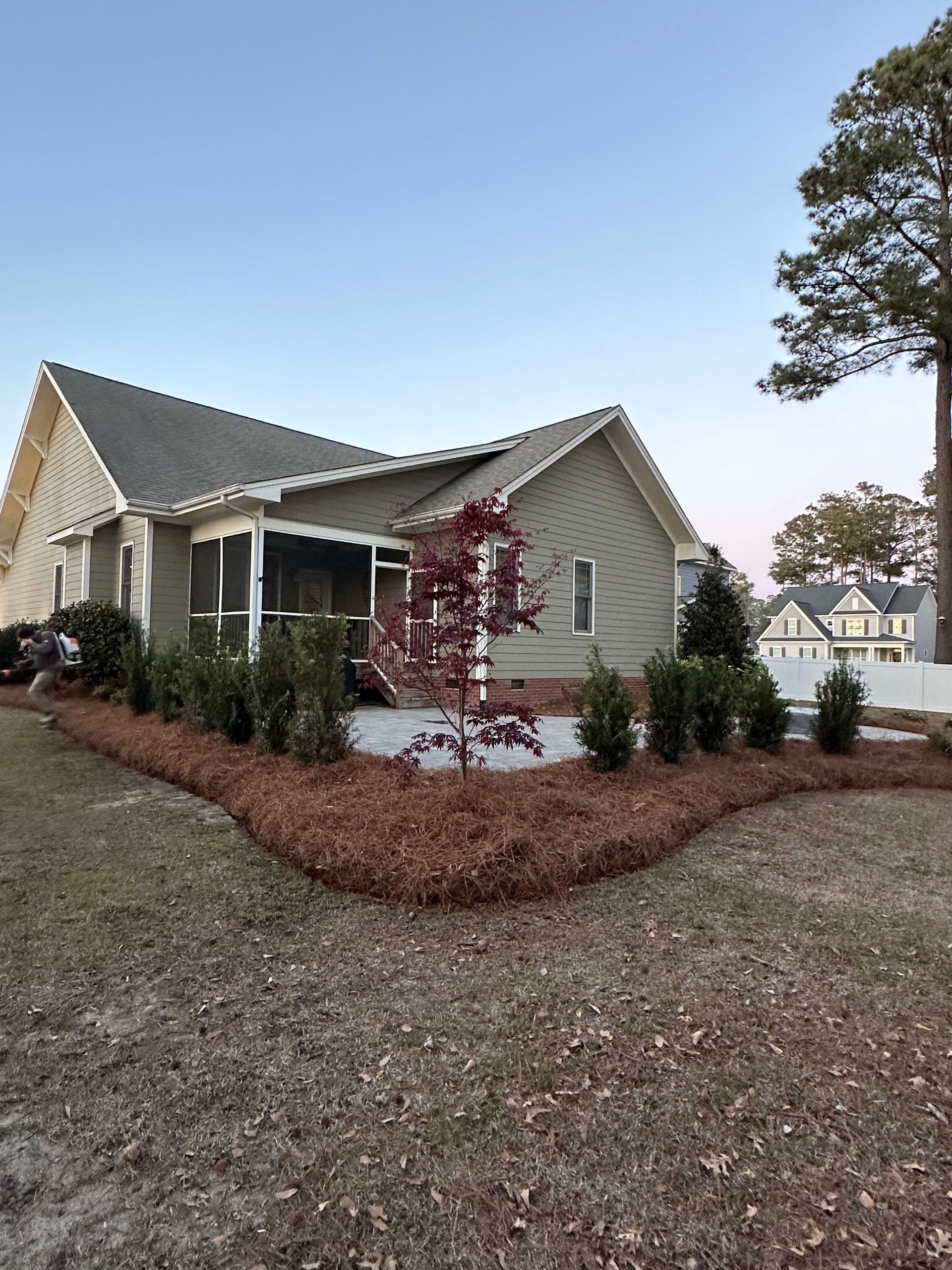 House with a screened porch, surrounded by greenery and pine straw. Blue sky in background.