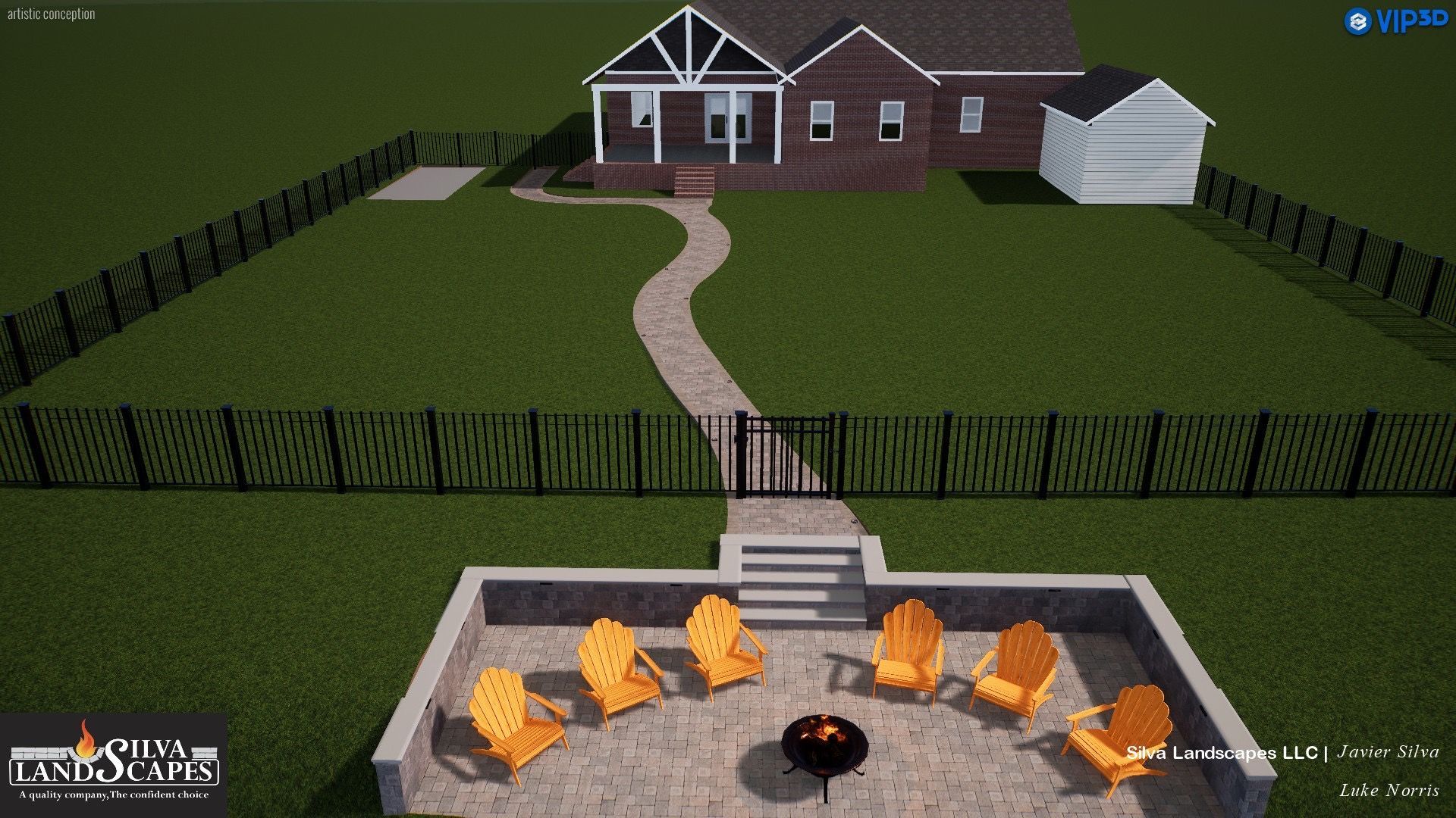 3D rendering of a house with a curved path, patio with chairs, and a fenced-in yard.