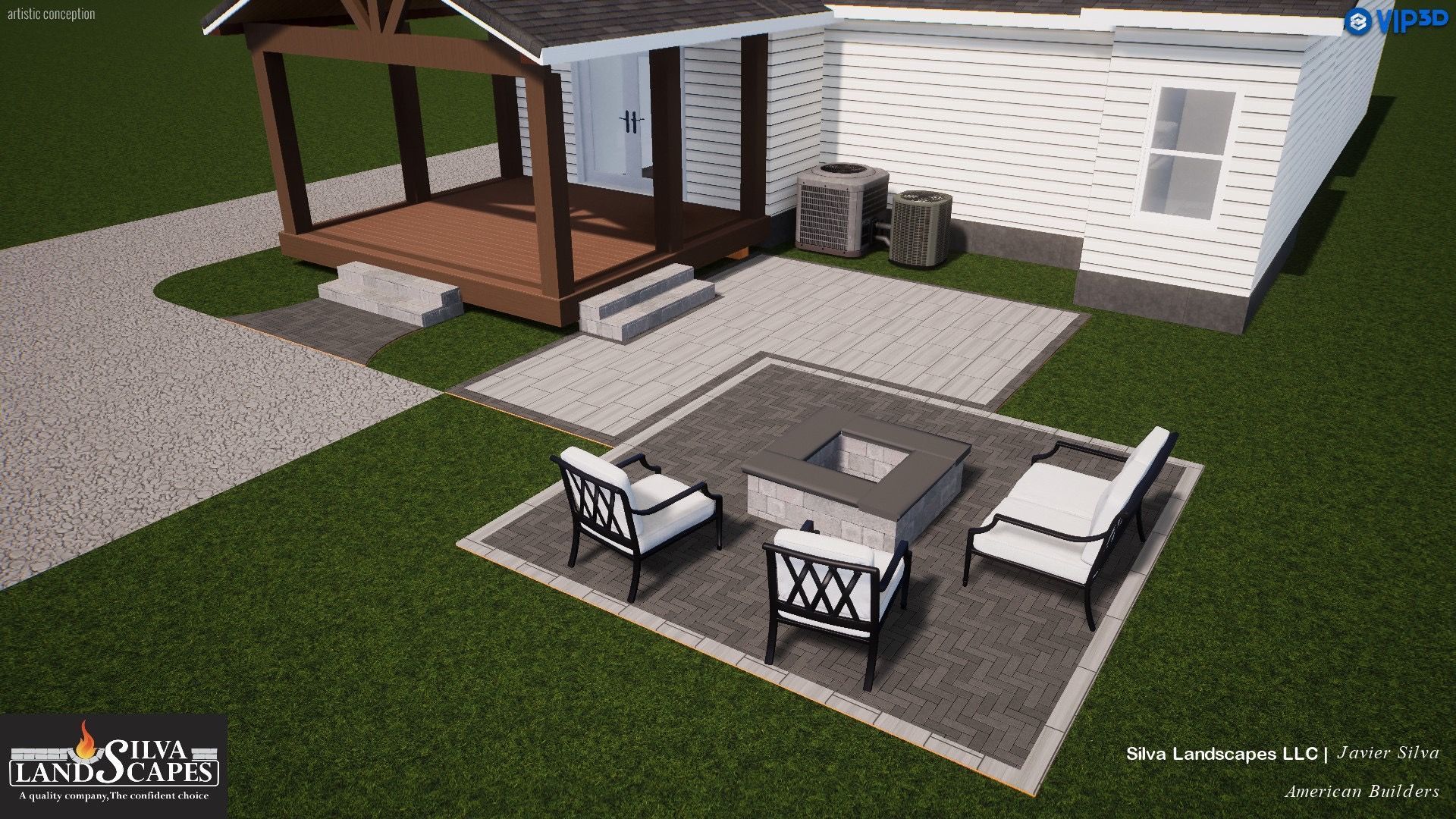 Rendering of a backyard patio with a fire pit, seating, and a porch, with green grass and a house.