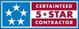 CertainTeed 5-Star Contractor logo featuring five white stars on a blue background next to text on a red and white stripe.