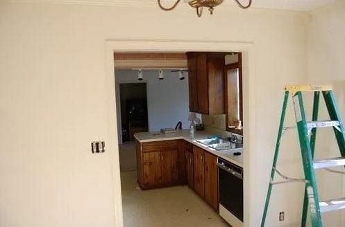 A doorway frames a view into a kitchen with wood cabinets, a sink, and a dishwasher, with a green ladder in the foreground.