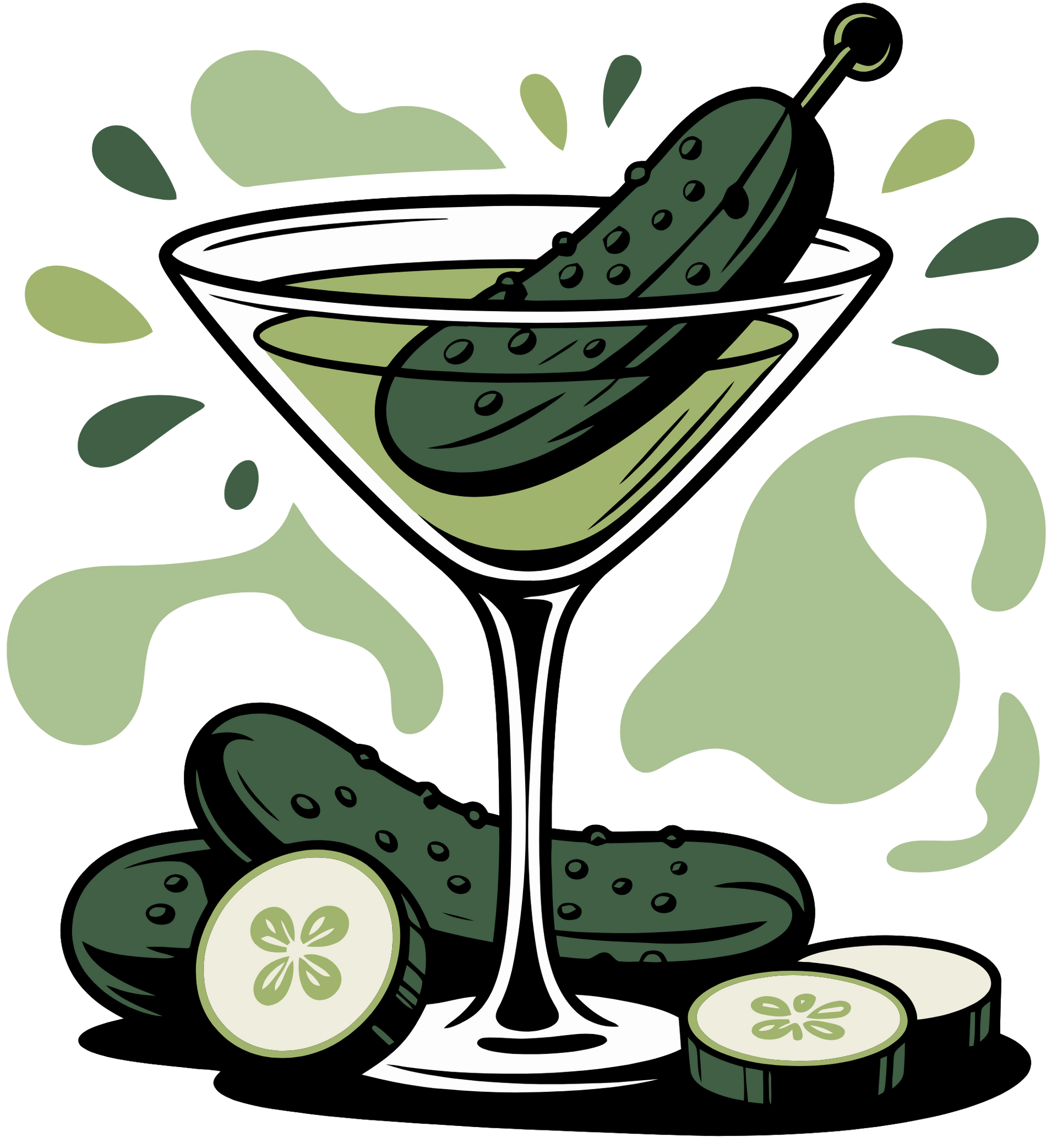 Pickle martini with pickles, green liquid, and sliced pickles.