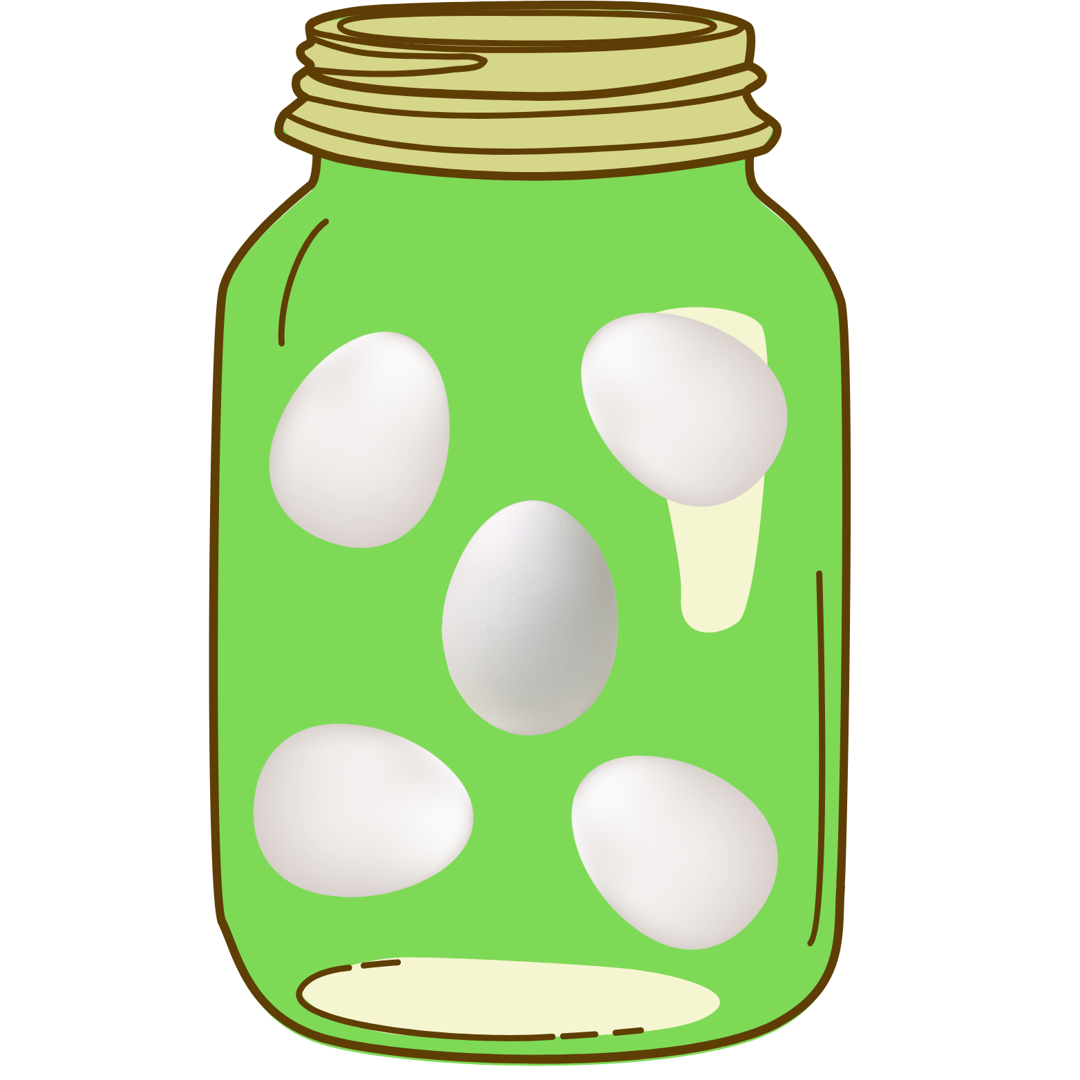 A jar filled with green liquid and five white eggs.