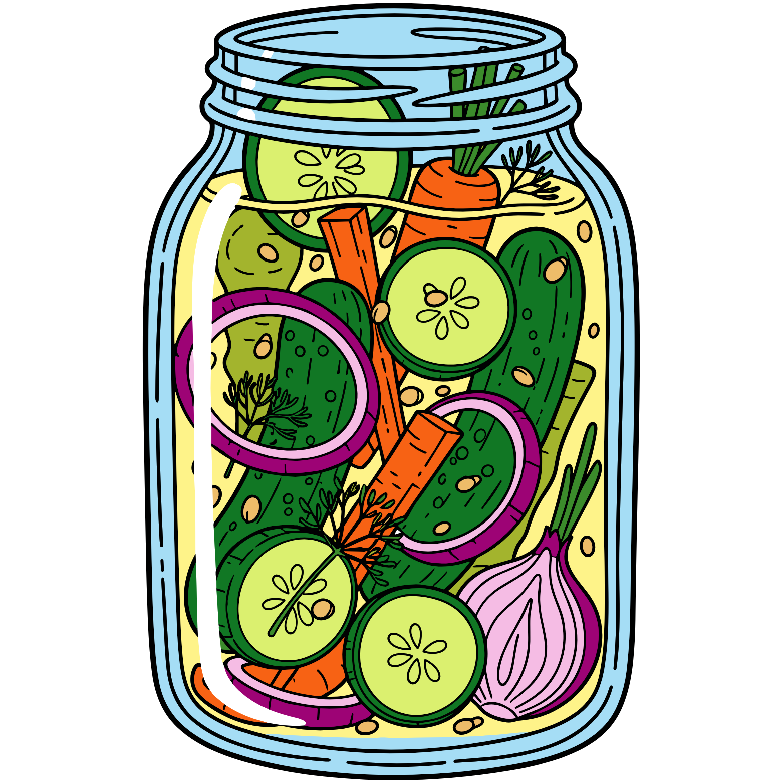 Jar of pickled vegetables: cucumbers, carrots, red onion, dill, in brine.