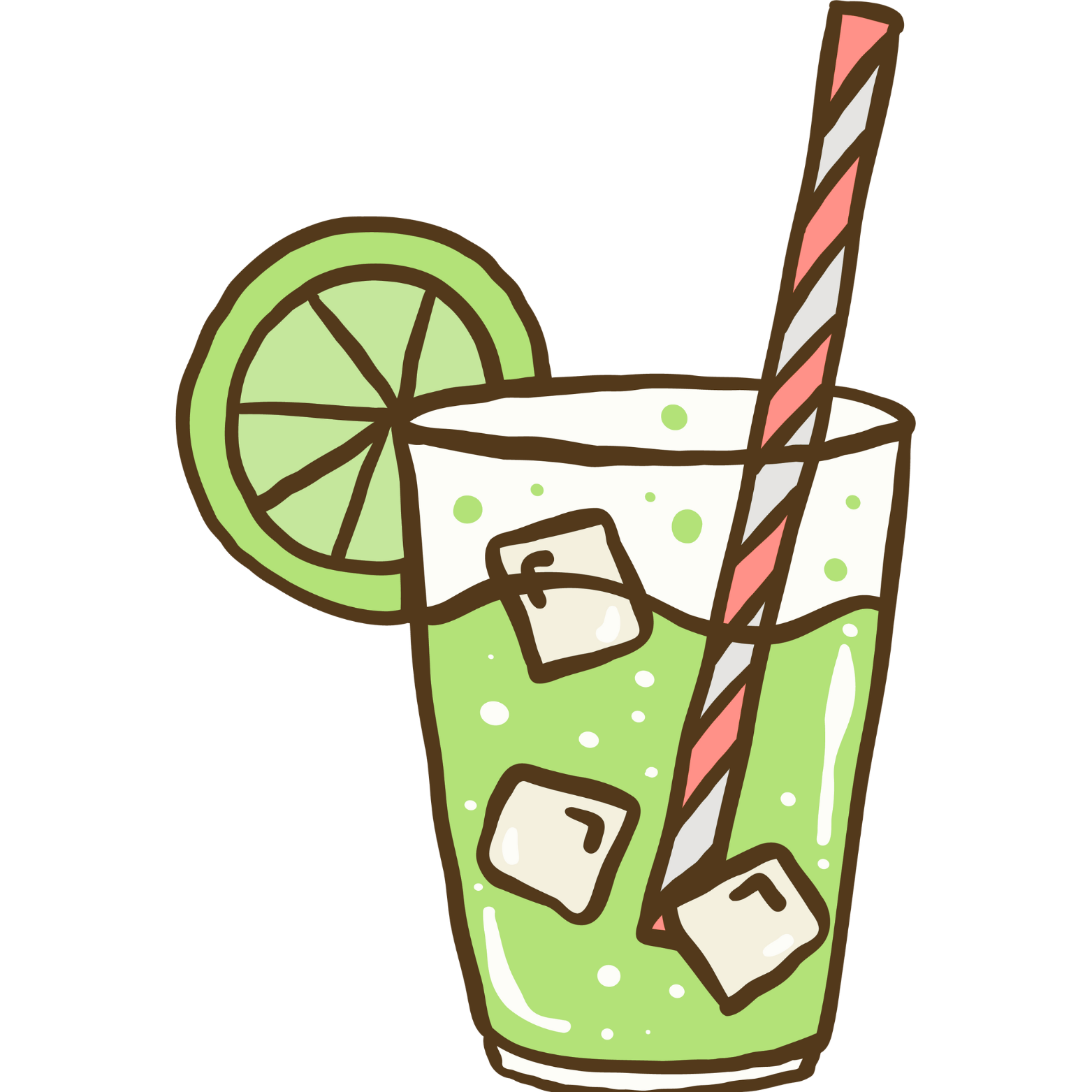 Green beverage in a glass with ice cubes, lime slice, and a striped straw.