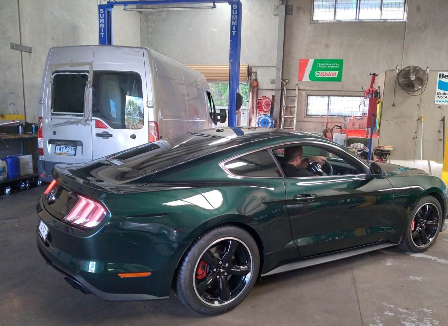 A Green Mustang Is Parked In A Garage — Headland Auto Servicing & Air Conditioning In Alexandra Headland, QLD