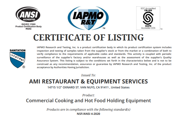 ANSI certification of AMI Restaurant & Equipment Services