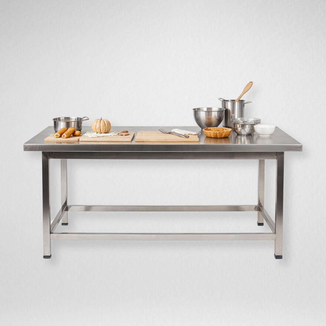 Stainless steel work table with baking tools and ingredients arranged on top.