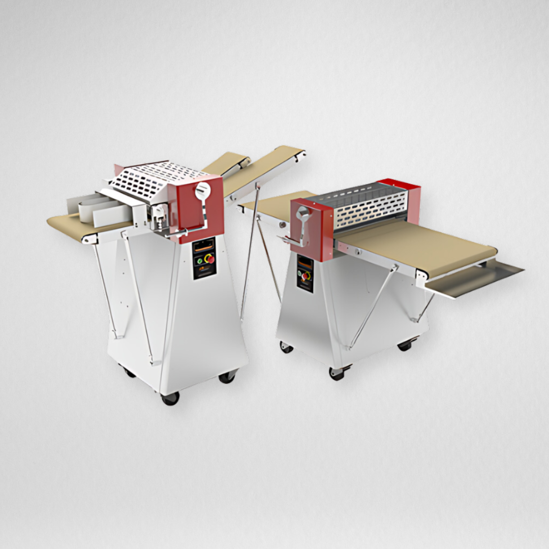 Dough sheeter machines used in bakeries for flattening dough into thin, even sheets.