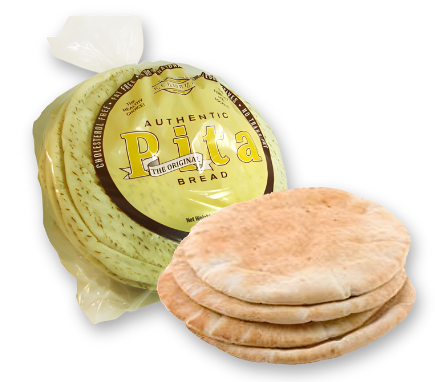 Pita breads on top of each other and pita bread inside Kermanig Bakery's packaging