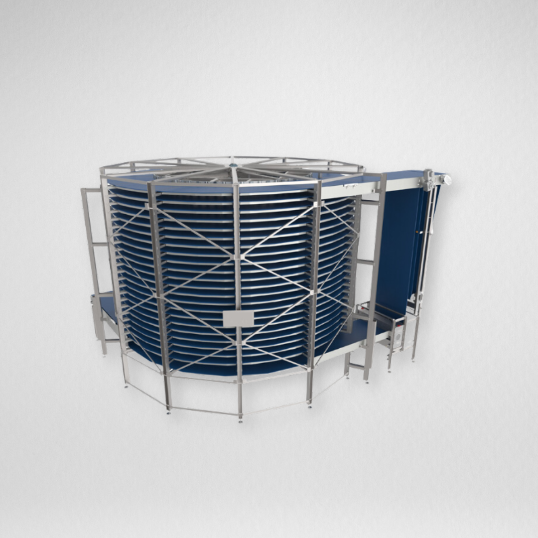 Spiral cooling tower used in bakeries for cooling baked goods efficiently using vertical space.