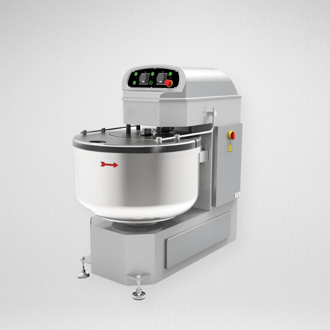 A commercial spiral dough mixer with a large mixing bowl and control panel.