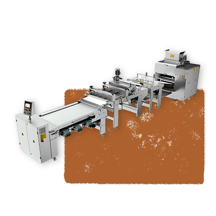 AMI Equipment's automated bread bun production equipment with a brown textured background.