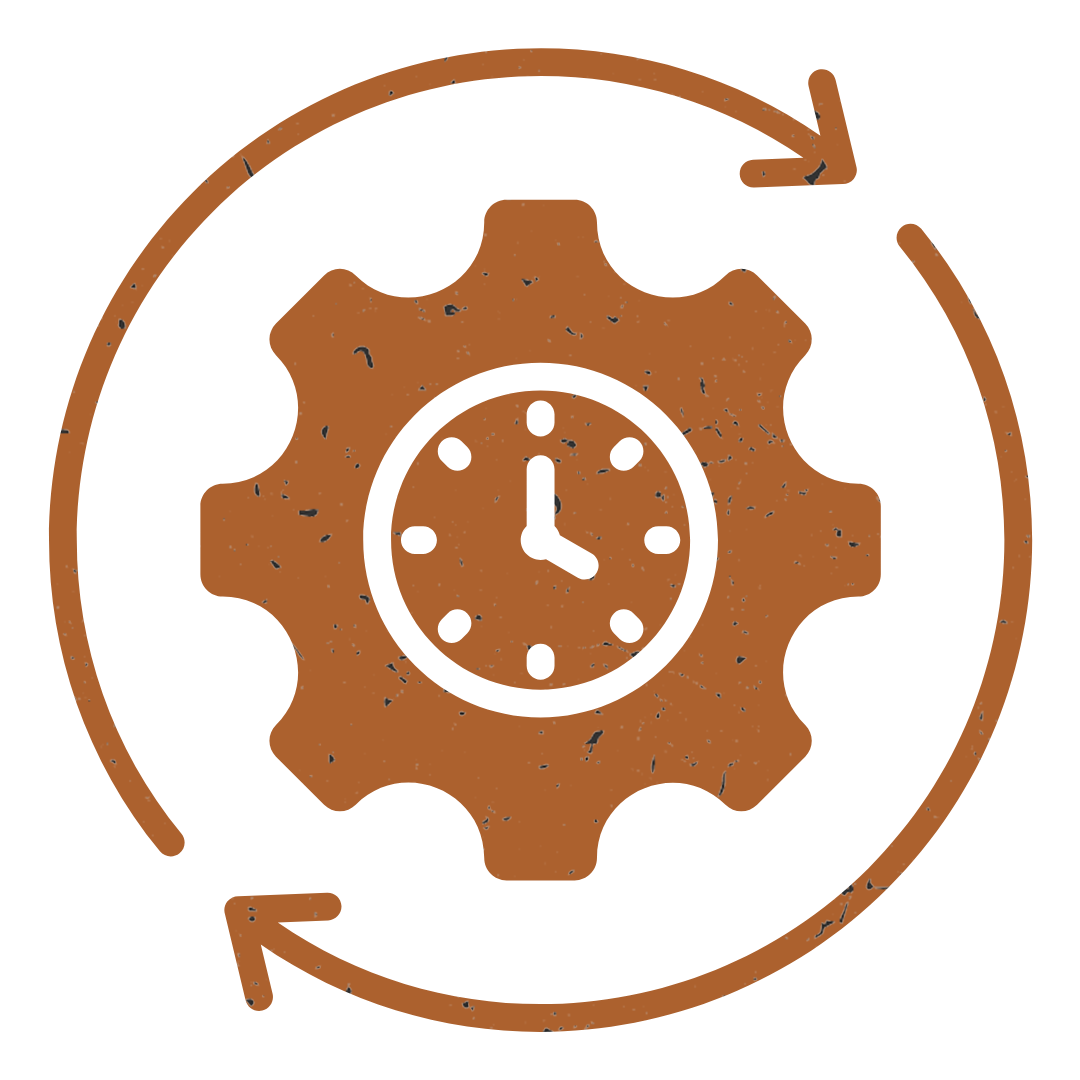 An icon of a gear with a clock inside of it.