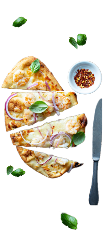 cheese shrimp flatbreads with fresh basil and red onions
