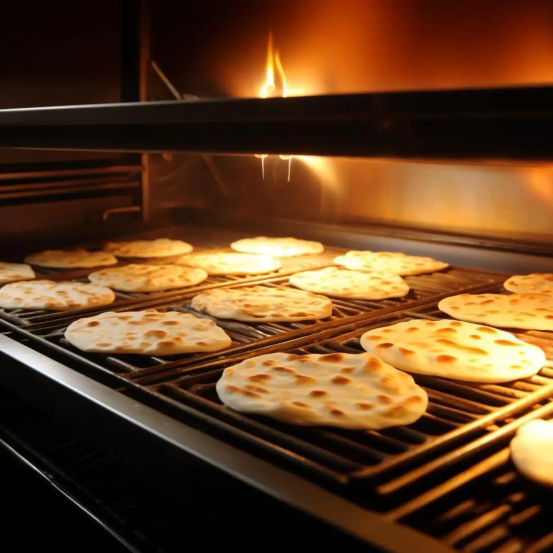 Flatbreads baking in a commercial oven with a golden, crispy surface.