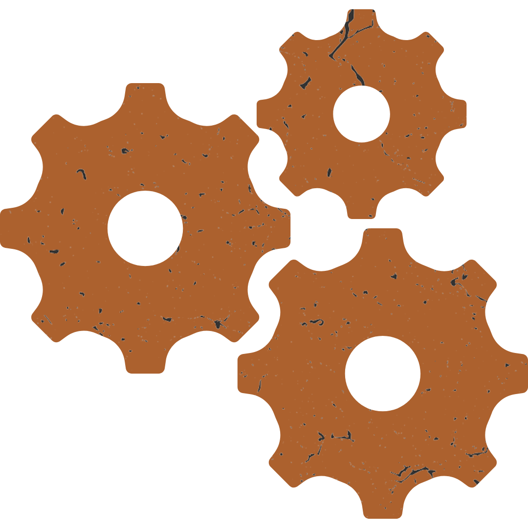 Three brown gears with holes in their center.