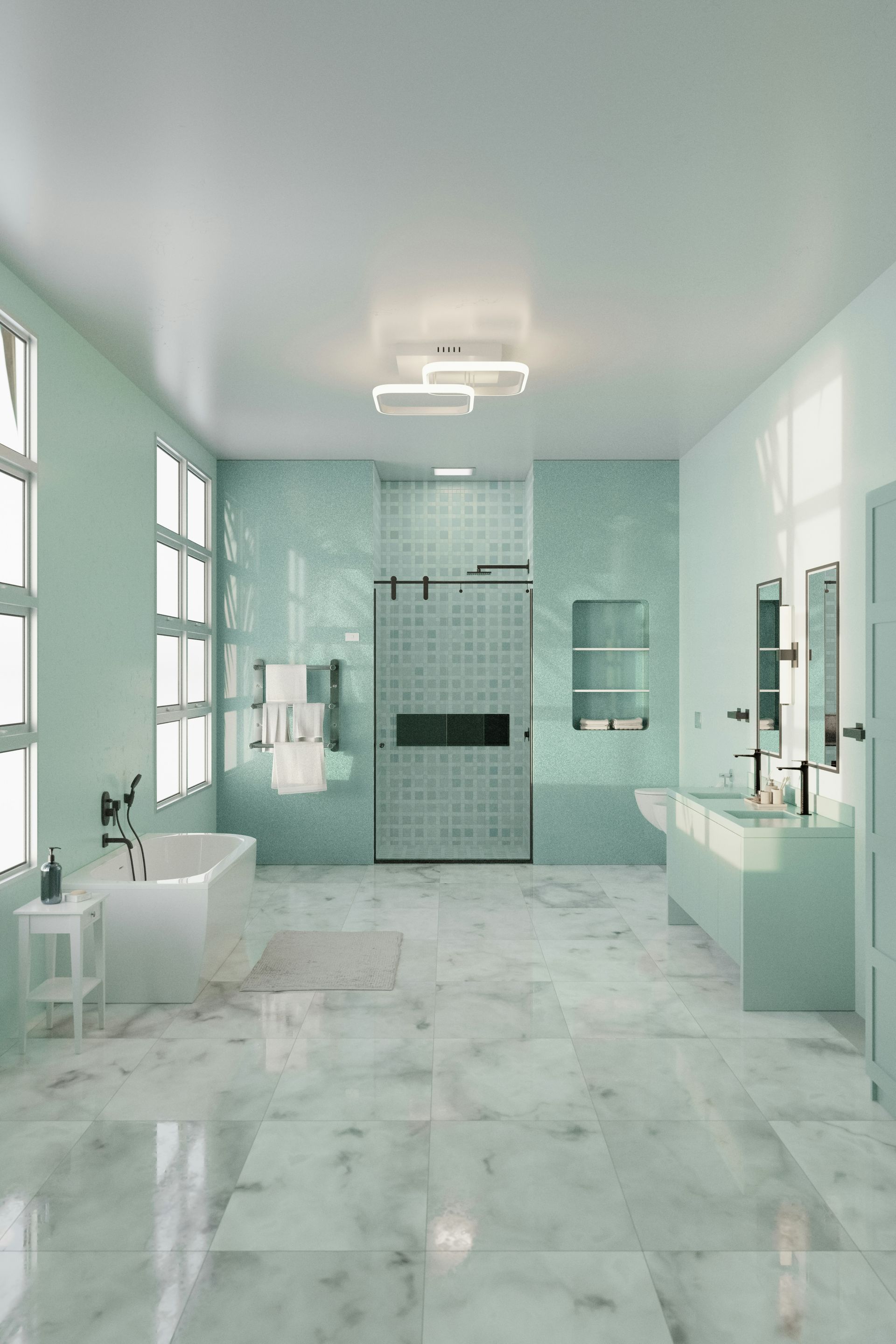 Spacious mint-green bathroom with marble floors, a freestanding tub, and a glass shower.