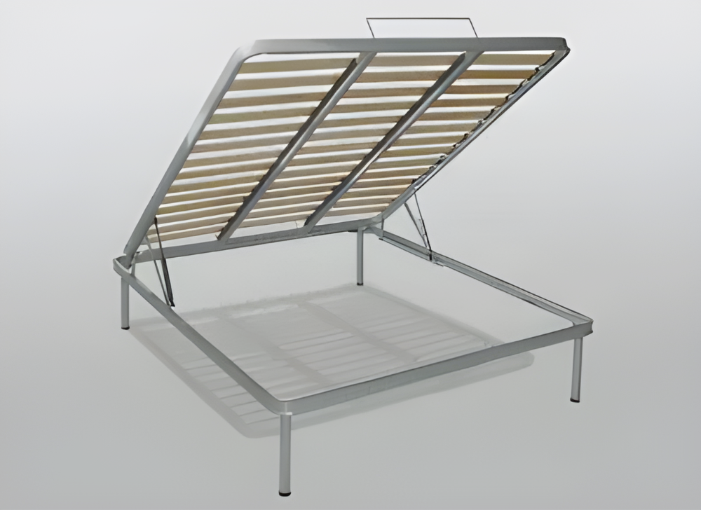 un letto con la testiera aperta su uno sfondo bianco .