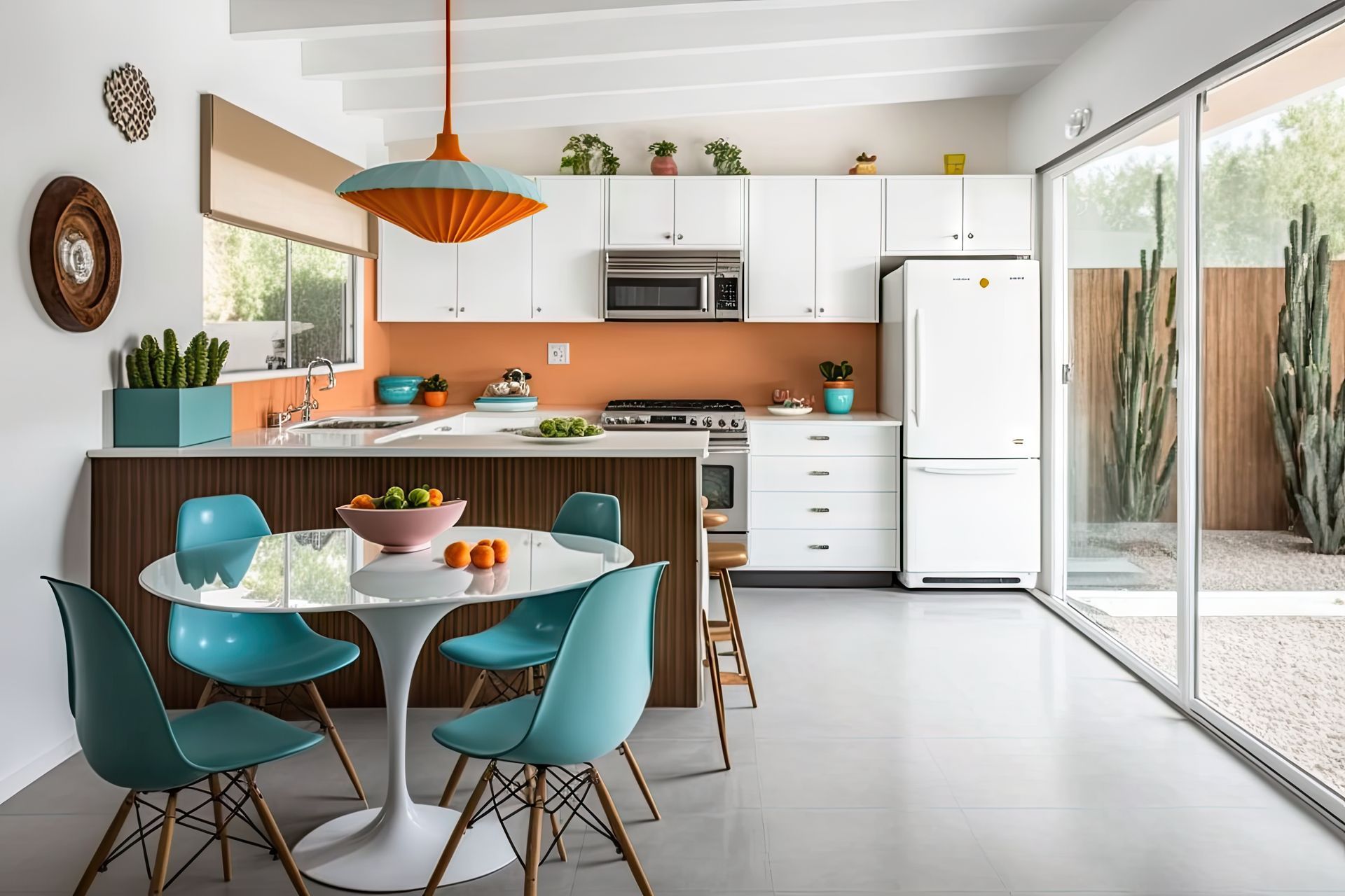 A mid-century modern kitchen and dining space