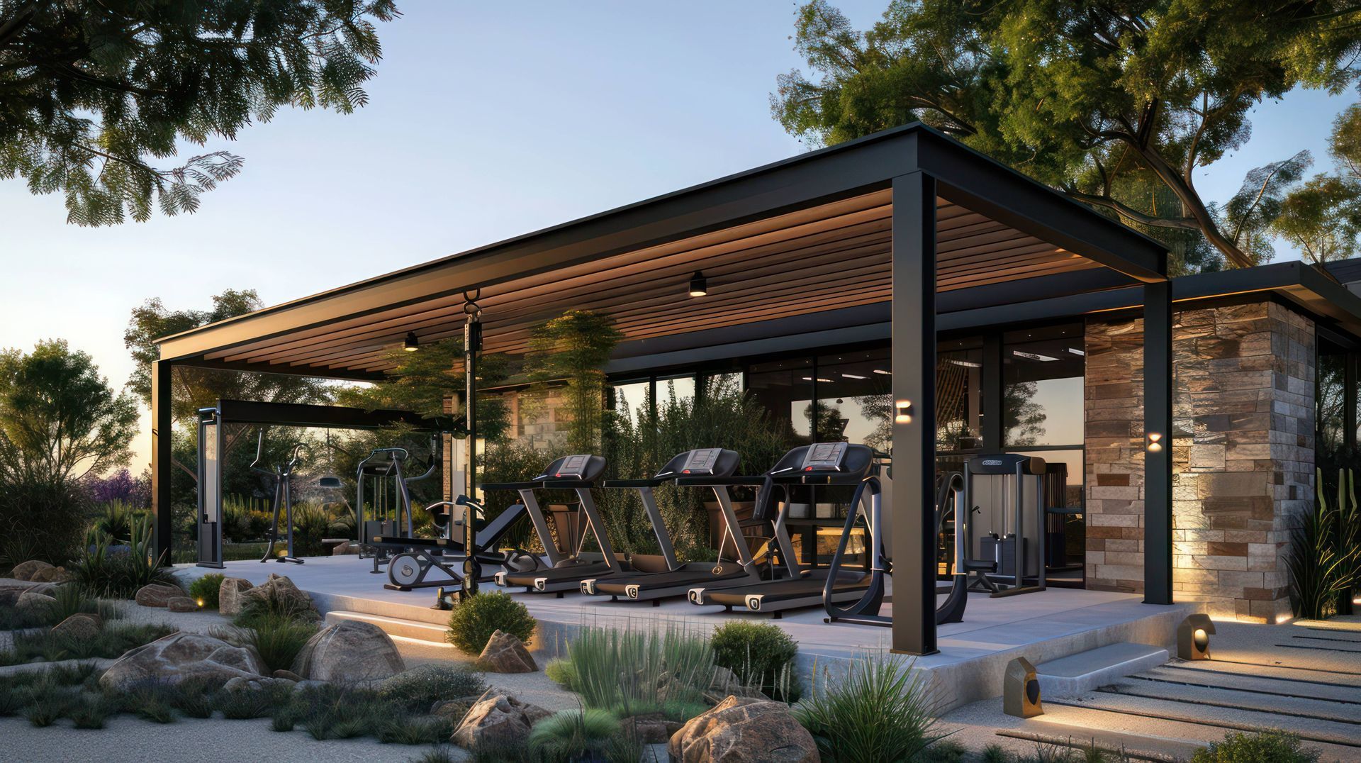 A custom pergola over an outdoor workout area at The Blind Guy near Kalispell, MT