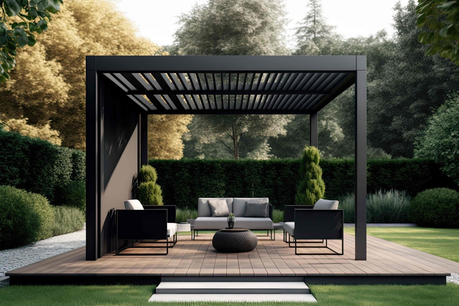 An outdoor pergola with seating and greenery beneath it at The Blind Guy - Kalispell near