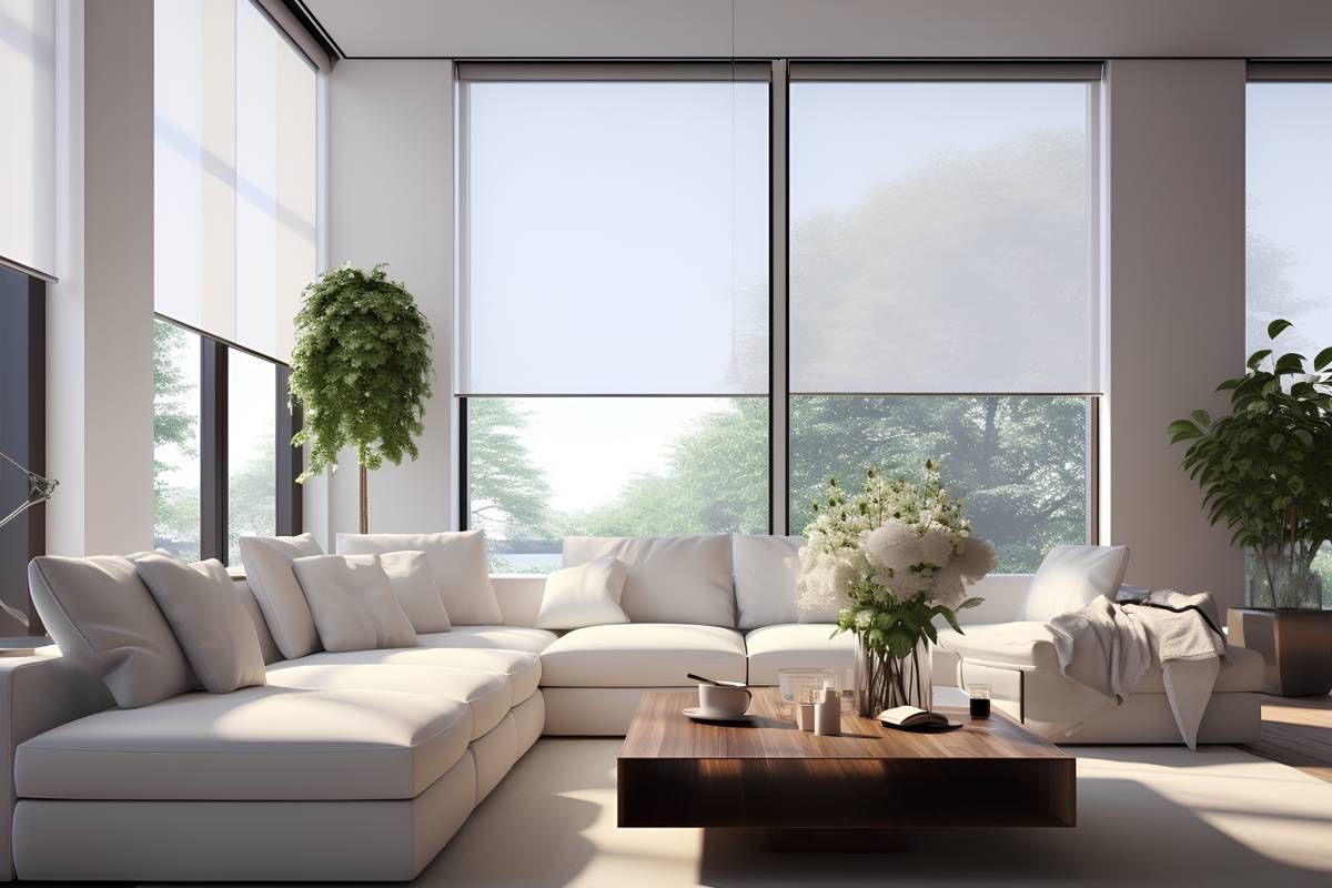 Roller shades in a modern living room with outdoor views at The Blind Guy - Kalispell near Flathead Valley, Montana (MT)