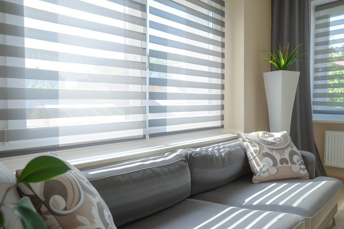 Banded shades on living room windows near the Flathead Valley