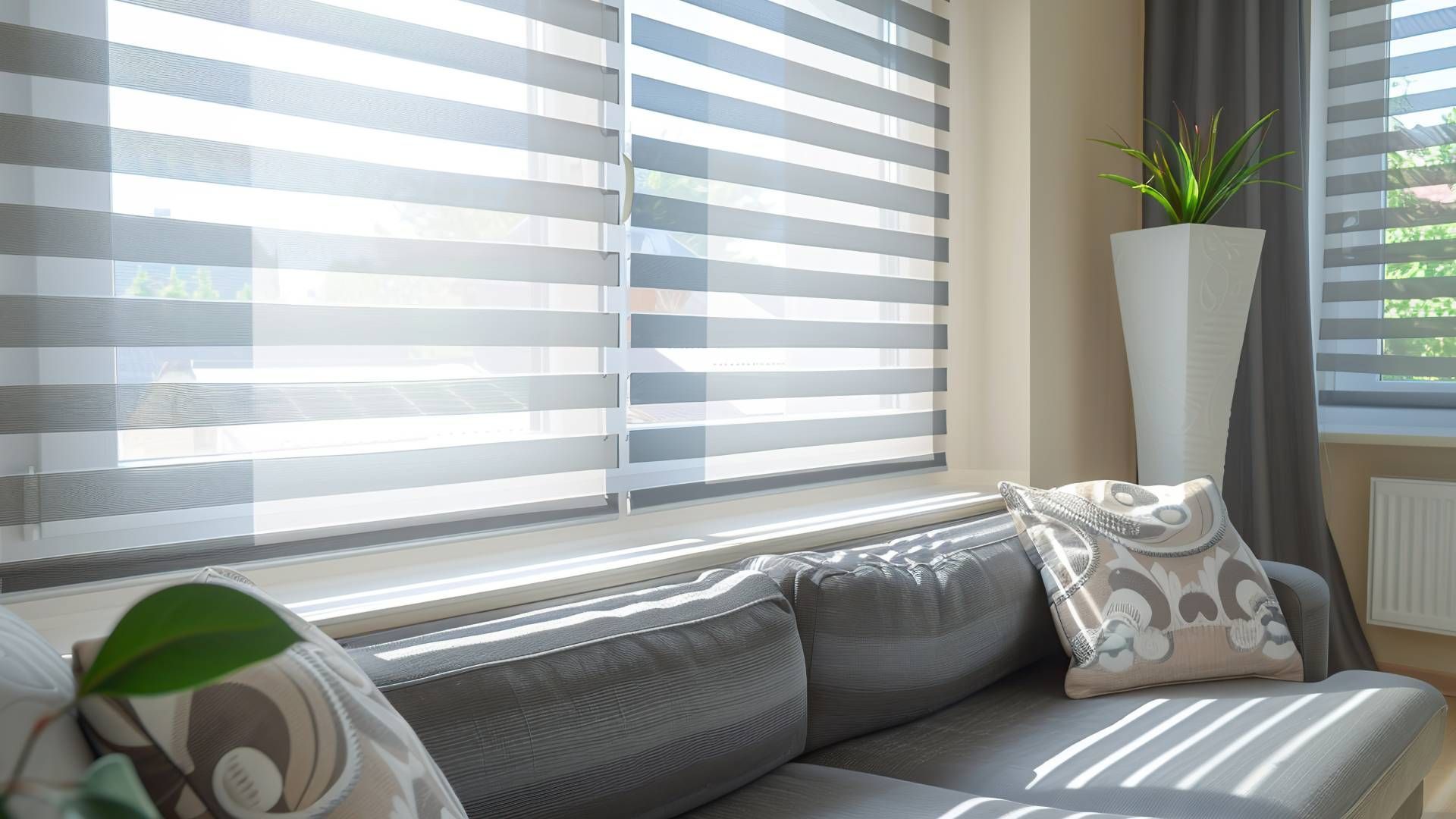 Banded shades on living room windows near the Flathead Valley