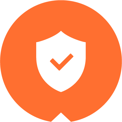 A white shield with a check mark on it in a red circle.