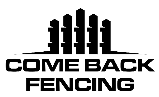 Logo for Come Back Fencing: black fence illustration above the text "COME BACK FENCING".