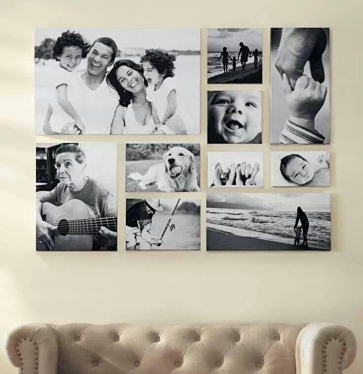 Una composición artística de fotografías familiares en blanco y negro se encuentra sobre un sofá.