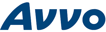 A blue and white logo for avvo on a white background.