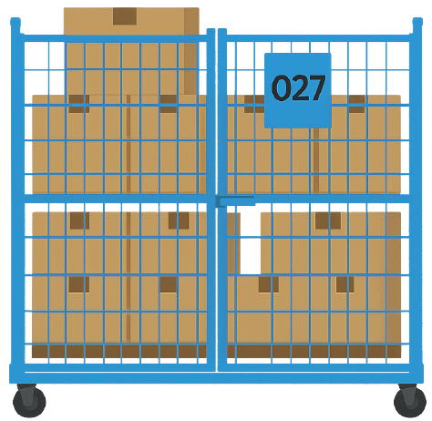 Ein blauer Käfig voller Pappkartons und ein Schild mit der Aufschrift 027.